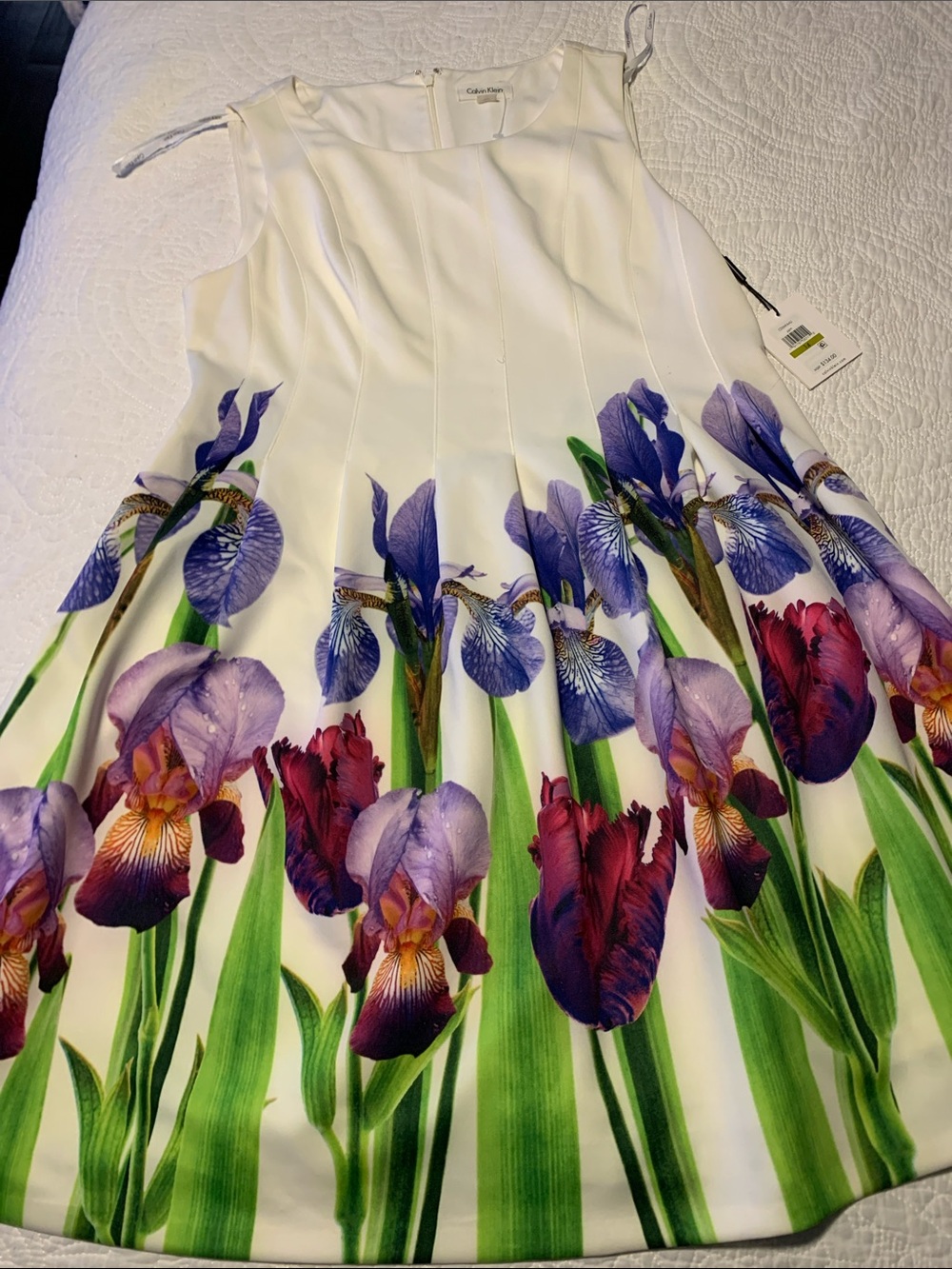 Calvin Klein White Midi Dress with Purple and Green Floral Print